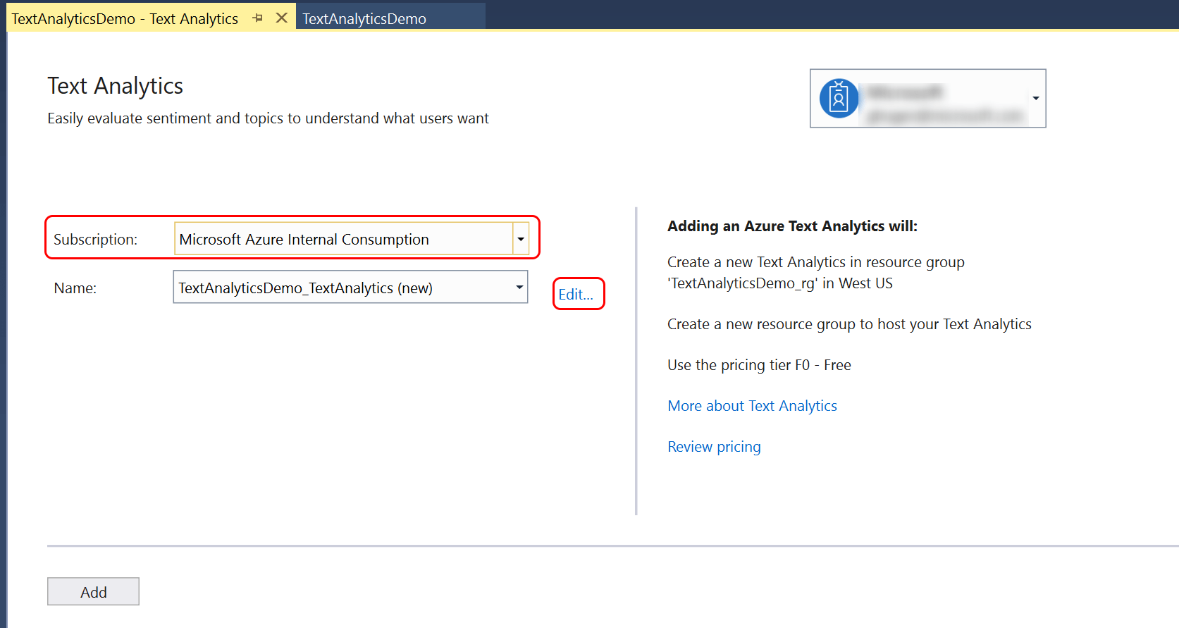 Screenshot of Text Analytics Connected Service screen