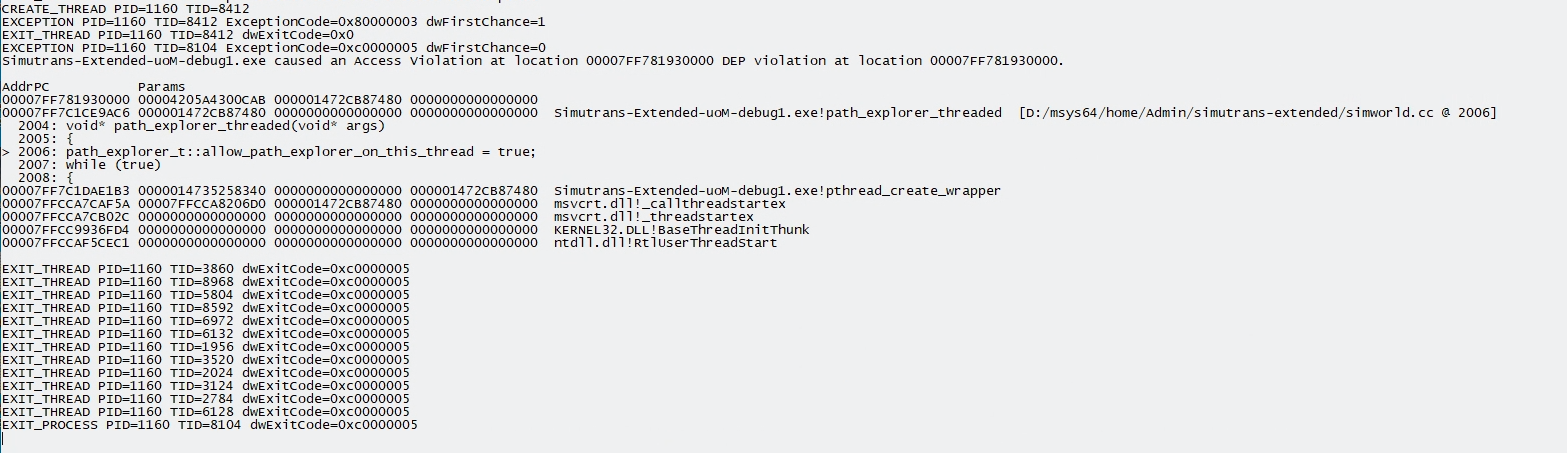 DrMinGW says: "Simutrans-Extended-uoM-debug1.exe!path_explorer_threaded  [D:/msys64/home/Admin/simutrans-extended/simworld.cc @ 2006]"