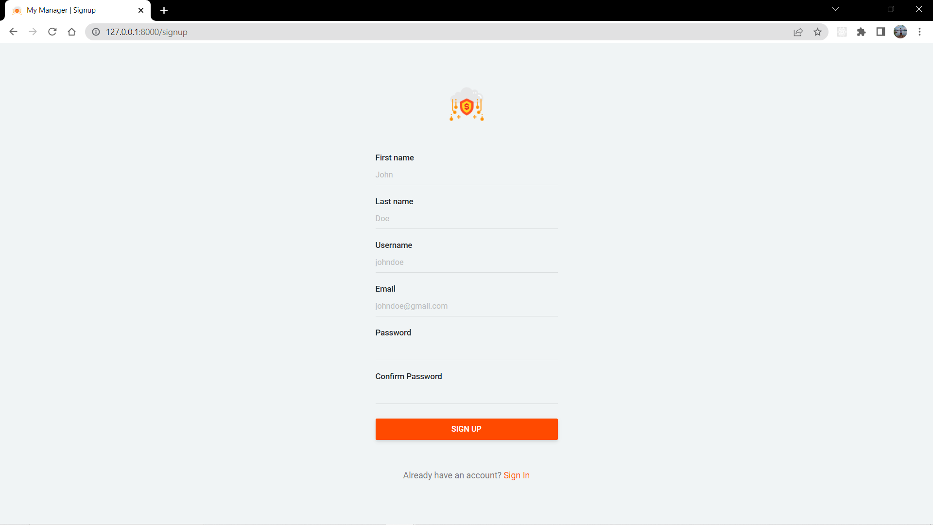 MyManager SignUp Page Oneview