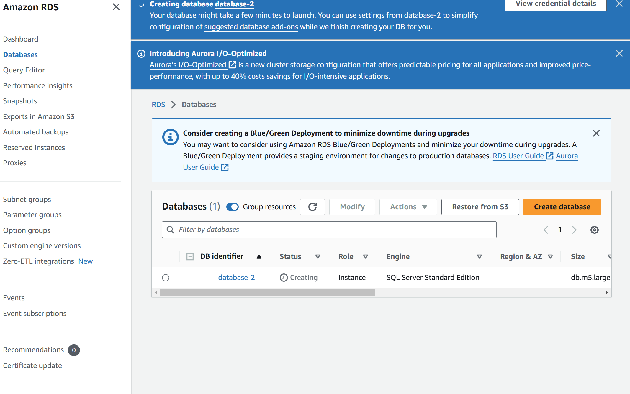 Showing the database instance creating.