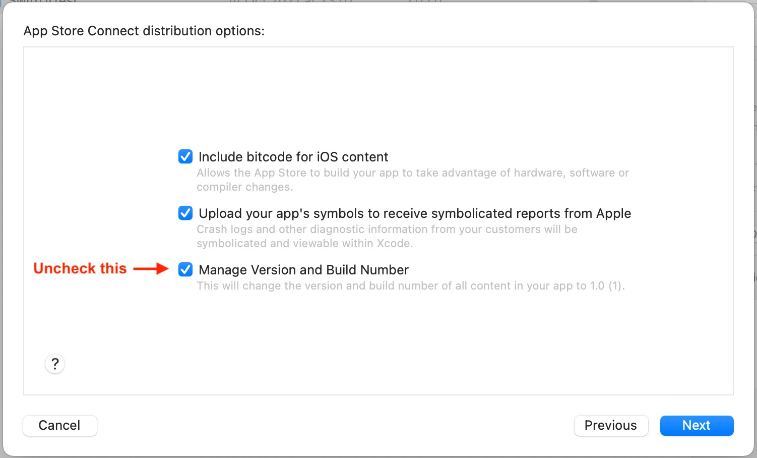 Untick the option entitled "Manage Version and Build Number"