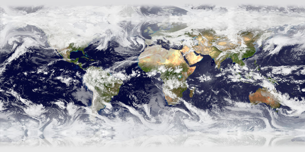 A flat map of Earth with clouds