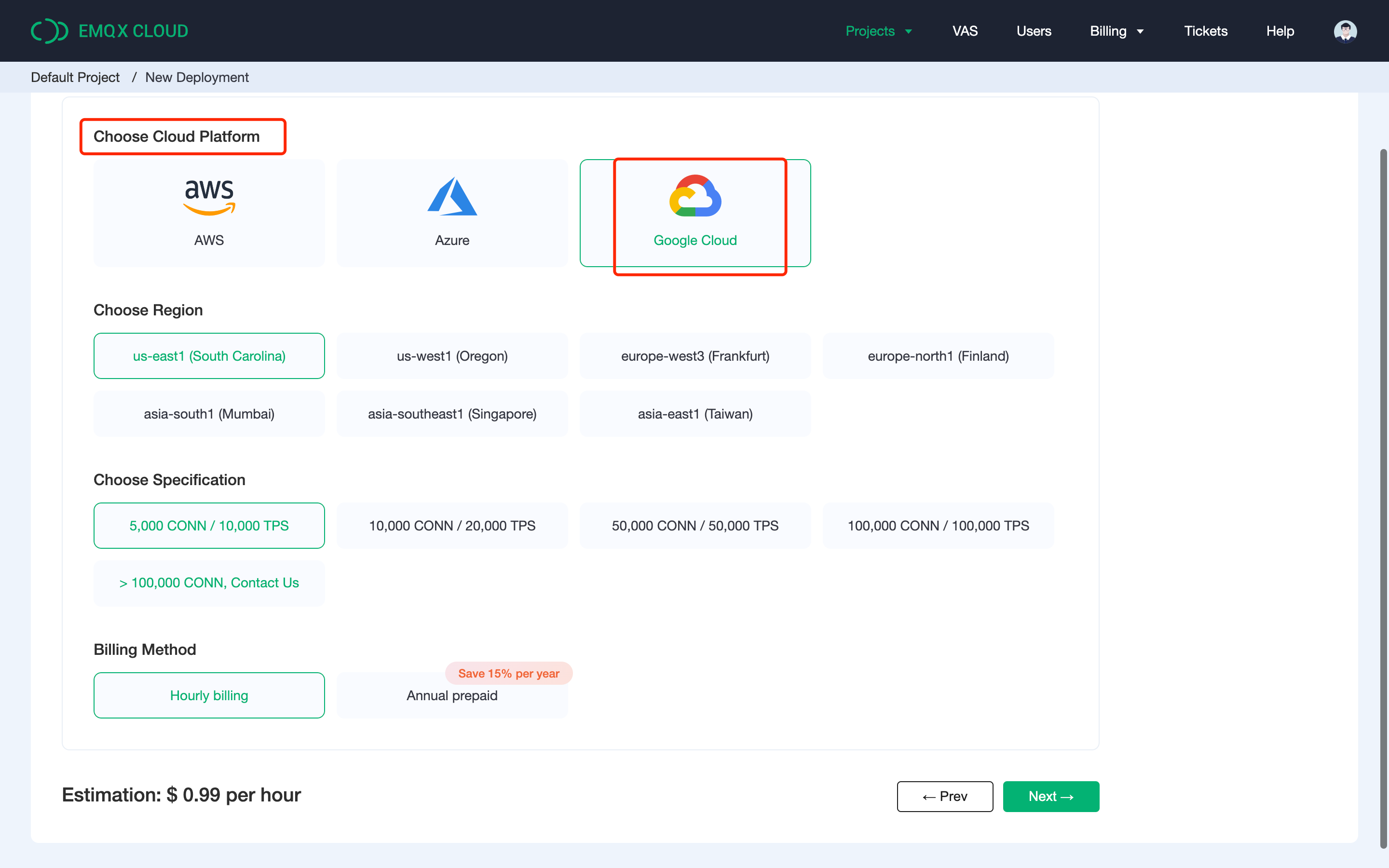 Create a GCP deployment of EMQX Cloud