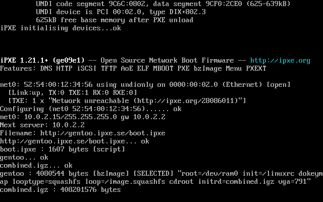 iPXE booting Gentoo sample screen