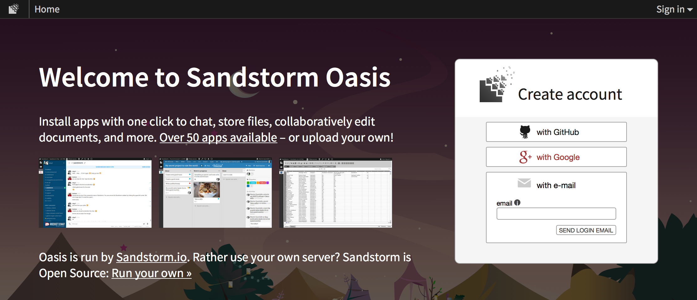 Screenshot of Sandstorm Oasis home page