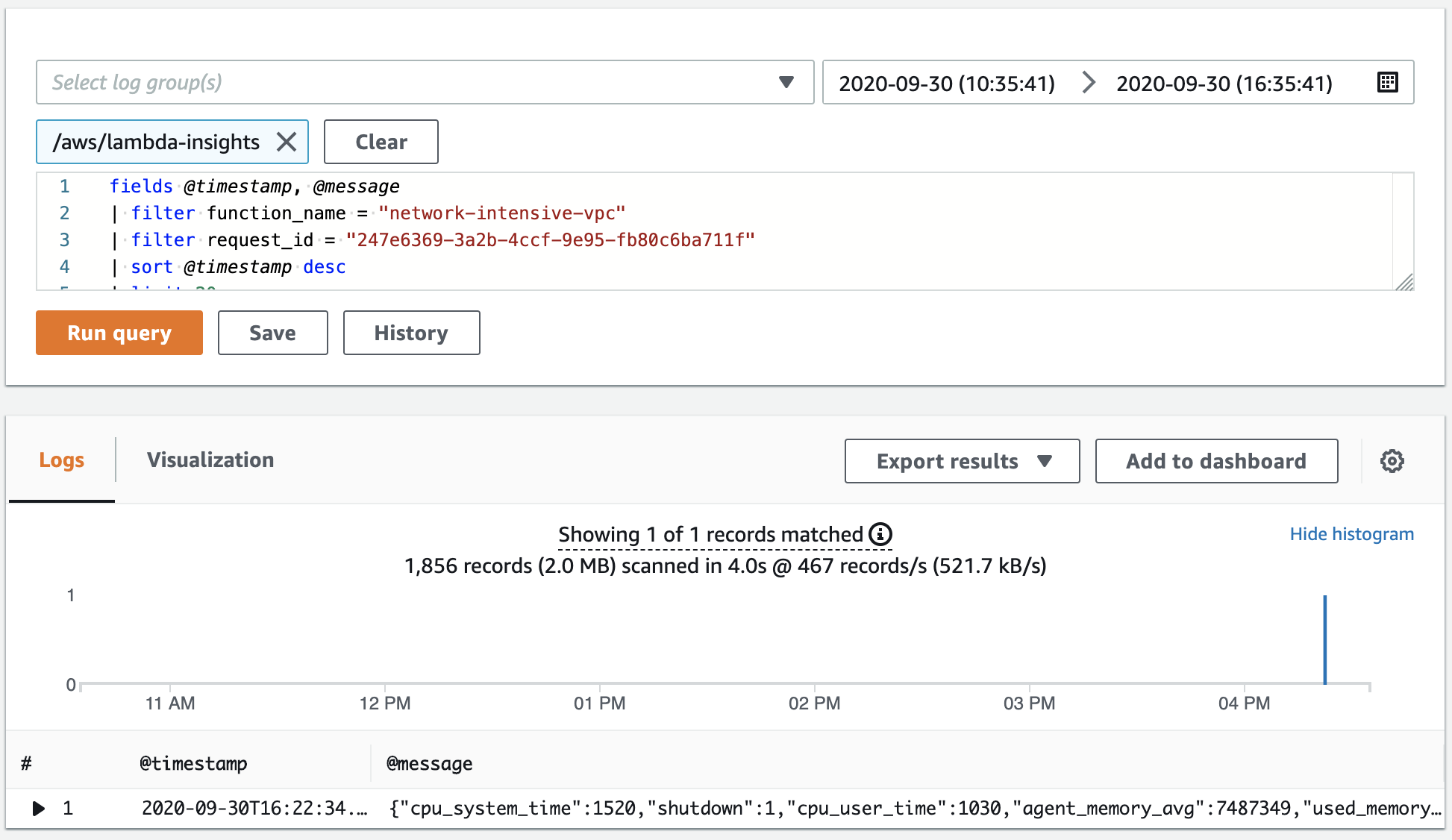 [Querying the selected function in the Logs Insights dashboard.]