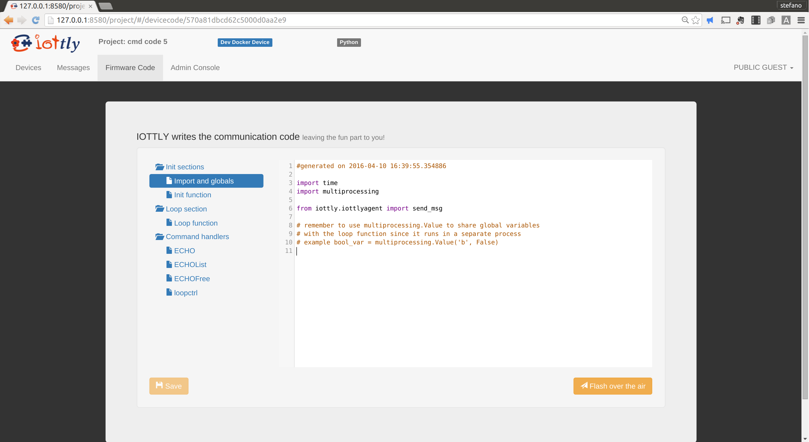 Iottly Project Device Code Page