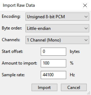 "Import Raw Data" dialog box. "Unsigned 8-bit PCM", Little-endian, and "1 Channel (Mono)" are selected. "Start offset" is 0, "Amount to import" is 100%, and the "Sample rate" is 44100 Hz