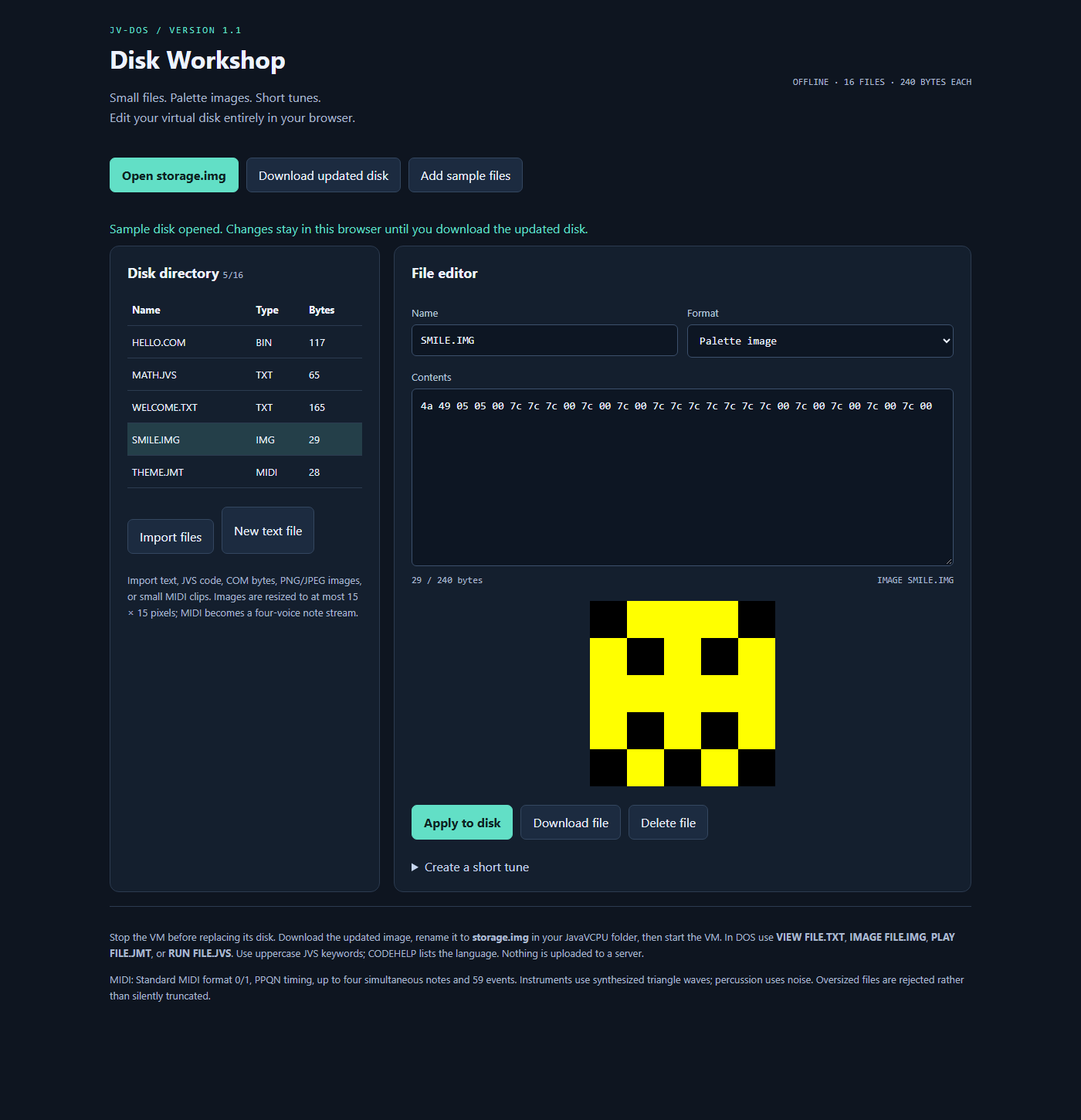 Disk Workshop with SMILE.IMG hex data and palette preview