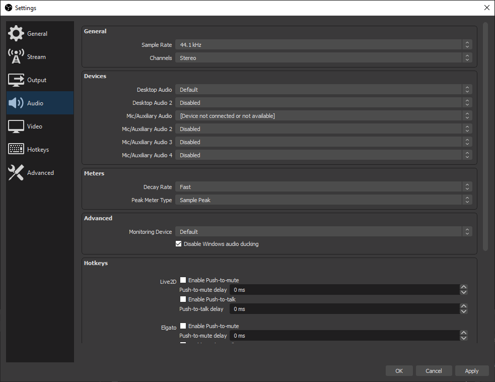 OBS Settings Audio Window