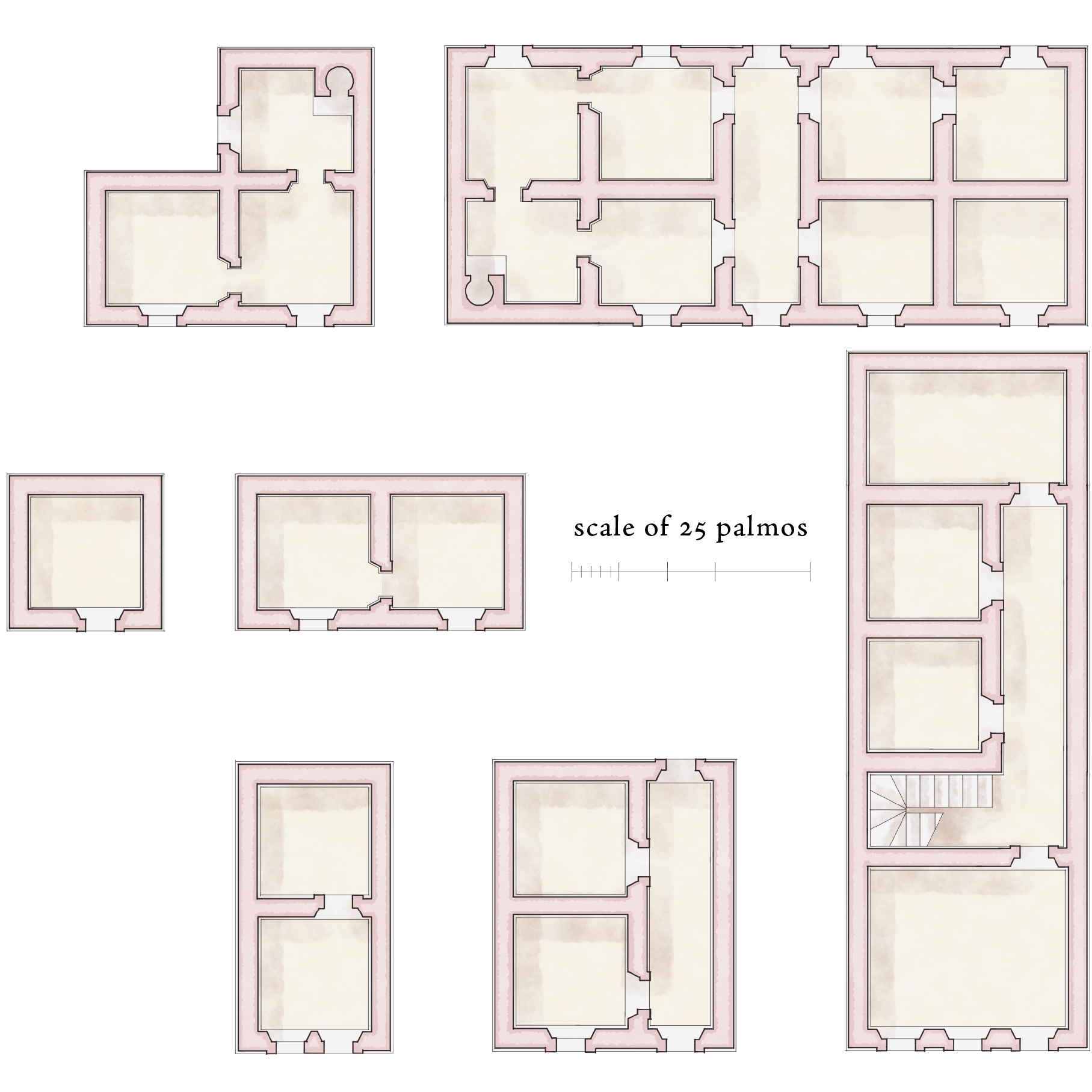 Mediterranean cell house generating traditional house types common in Southern Portugal and Brazil. Middle left: basic cell layouts; top: suburban foursquare and rural farmhouse; bottom: urban narrow house and side corridor townhouses. Author's drawing