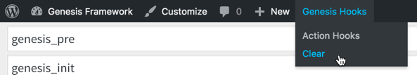 "Clear" menu item under "Genesis Hooks"