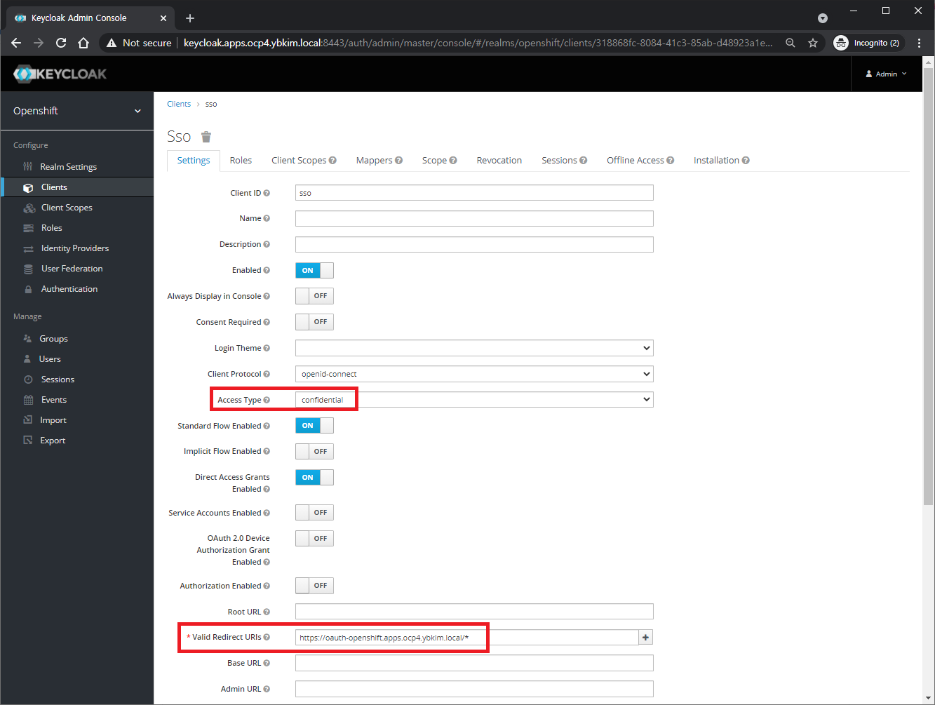 OpenShift v4.x - IDP Keycloak: Access Type - confidential