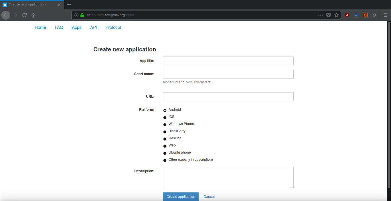 PRE Create NEW Telegram Application