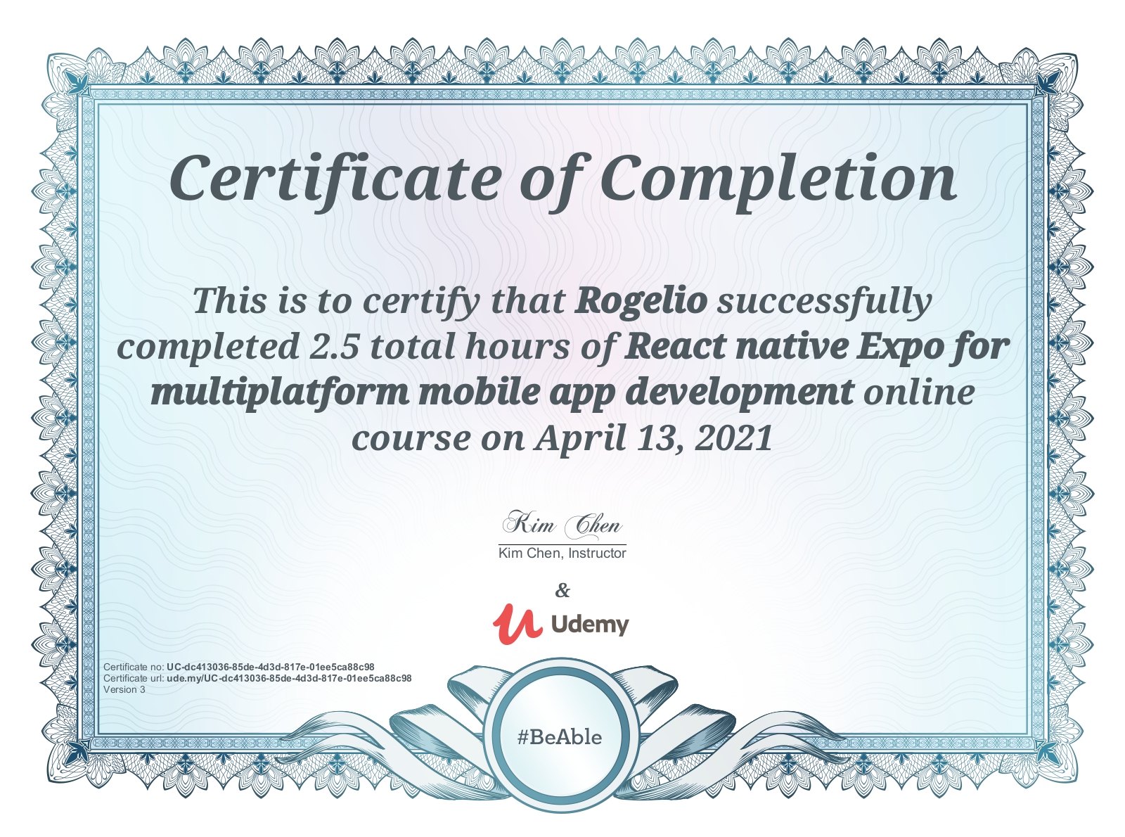 Certificate React native Expo for multiplatform mobile app development