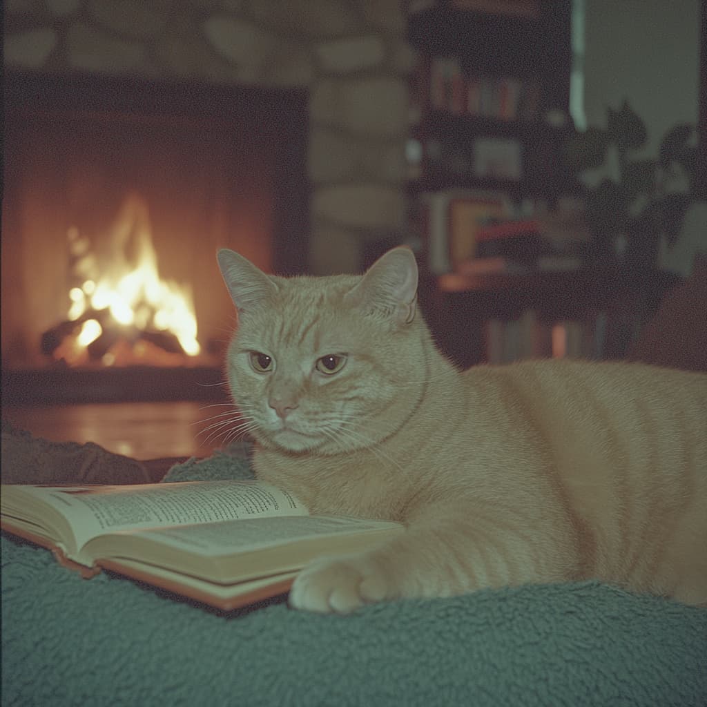 Cinematic still of a cat reading a book near a fireplace