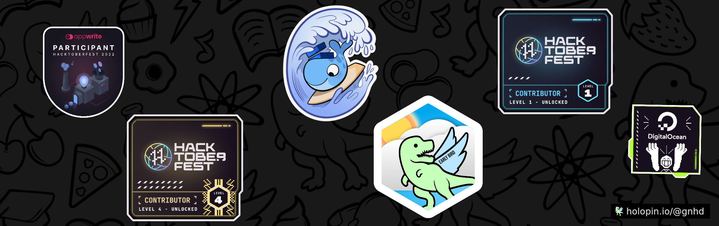 An image of @gnhd's Holopin badges, which is a link to view their full Holopin profile