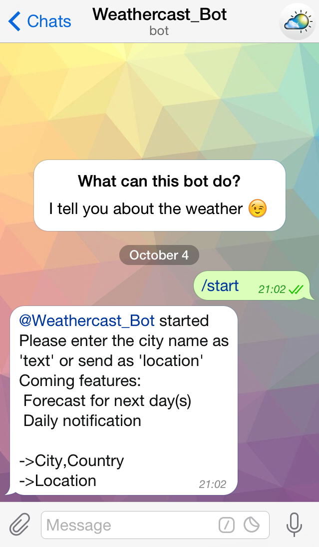 telegram @weathercast_bot start screen