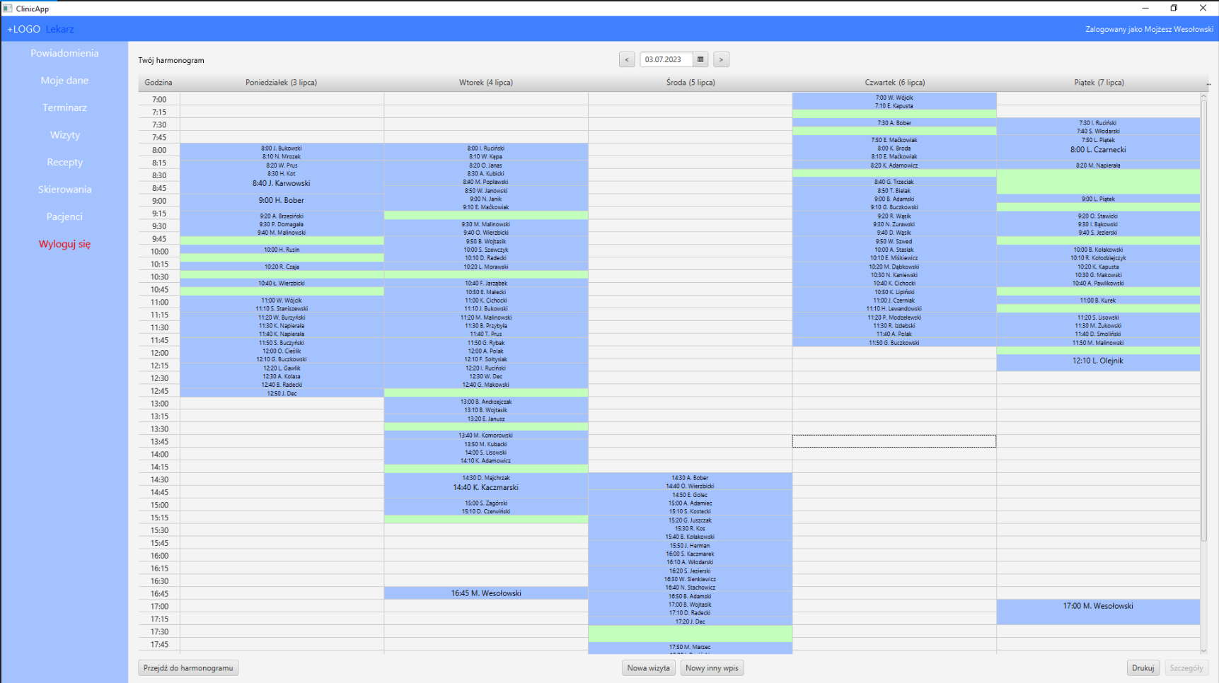 Zrzut ekranu z widoku harmonogramu lekarza