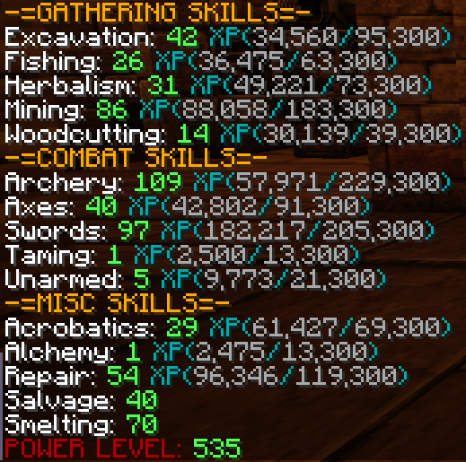 All skills with levels and xp in a list