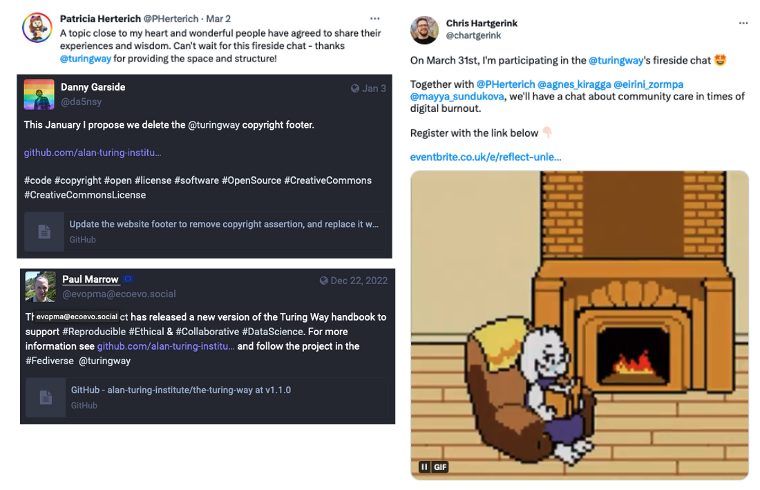 Alt: Screenshots of tweets from Twitter and Toots from Mastodon that mention The Turing Way. Links to the tweets and toots are listed below