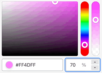 Text field that allows user to enter a value between 0 and 100 for the colour's alpha value. Pressing the up and down arrows while this field is in focus will increase and decrease the value by 1 respectively. Holding the shift key and pressing the up and down arrows while this field is in focus will increase and decrease the value by 5 respectively.