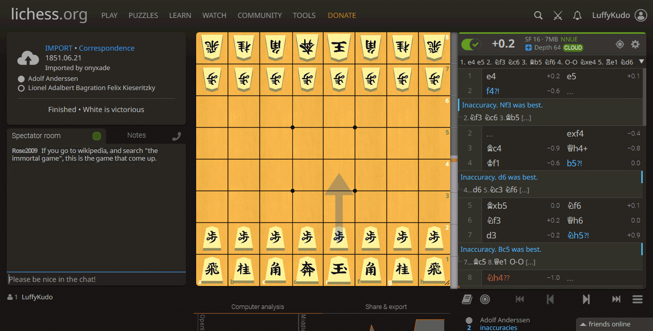 JI Shogi-Themed Chess 1-Kanji Lichess Screenshot Jemierry J.I. Maglinte Jumawan LuffyKudo Immortal Game Adolf Anderssen Lionel Kieseritzky