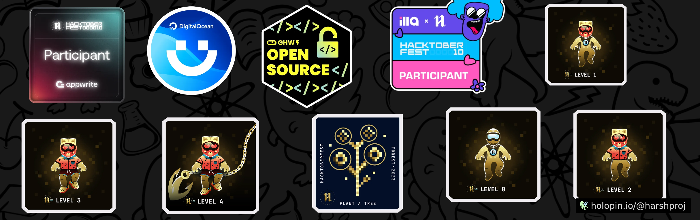 An image of @harshproj's Holopin badges, which is a link to view their full Holopin profile