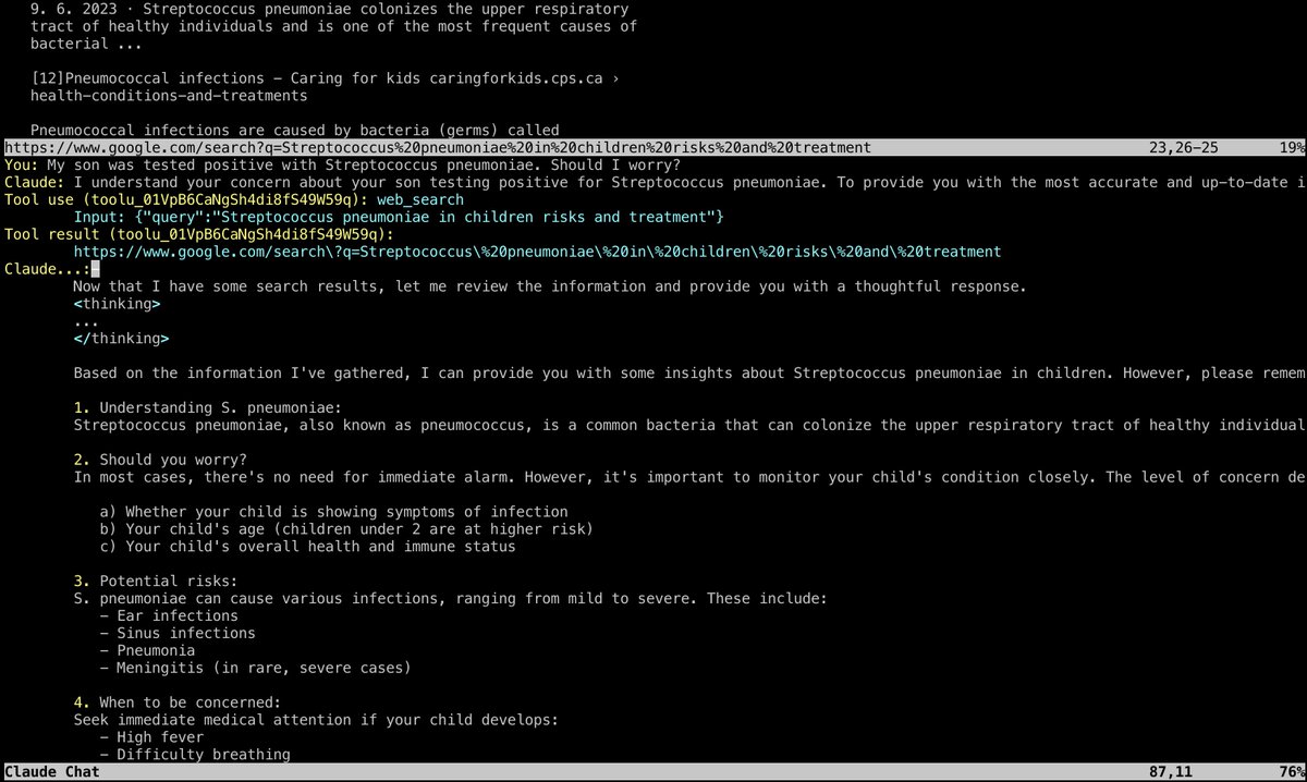 Claude is asked for a simple medical advice. It searches the web for the germ, then summarizes the results.