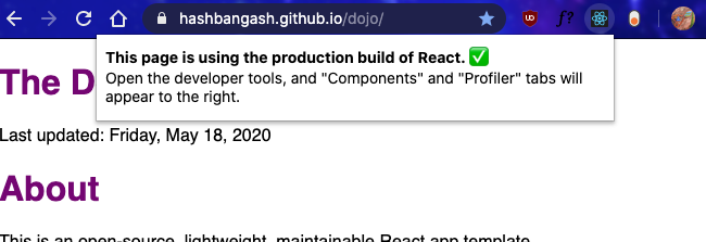 React Developer Tools for Chrome verifying the build