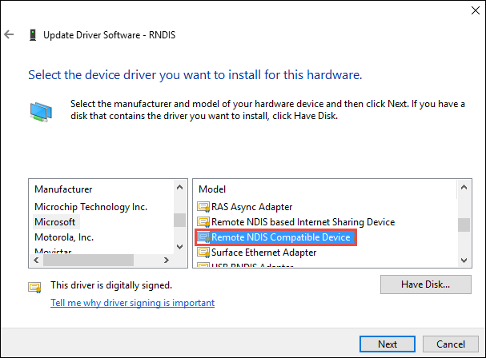 Install Microsoft Remote RNDIS Driver