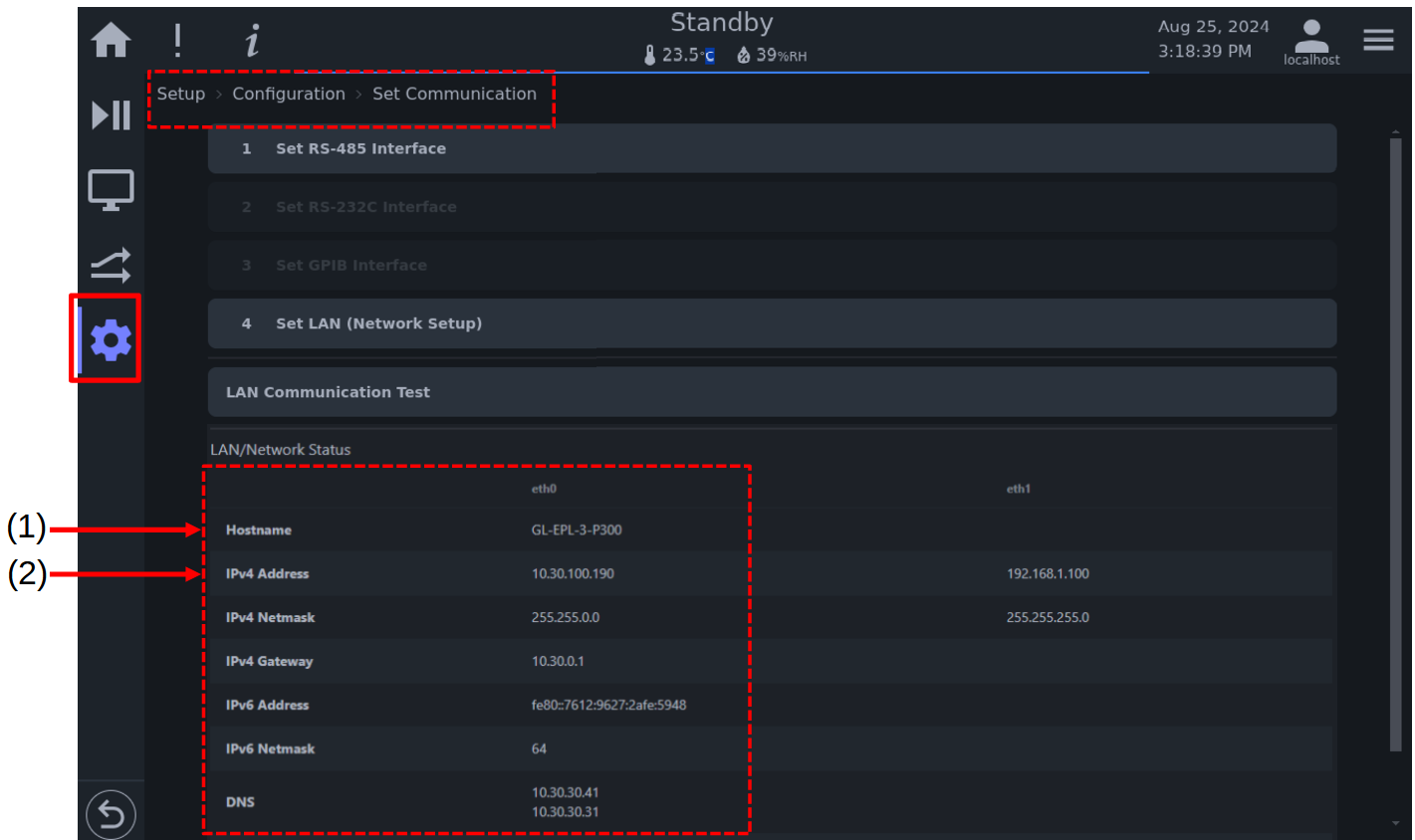Hostname and IP address of GL controller