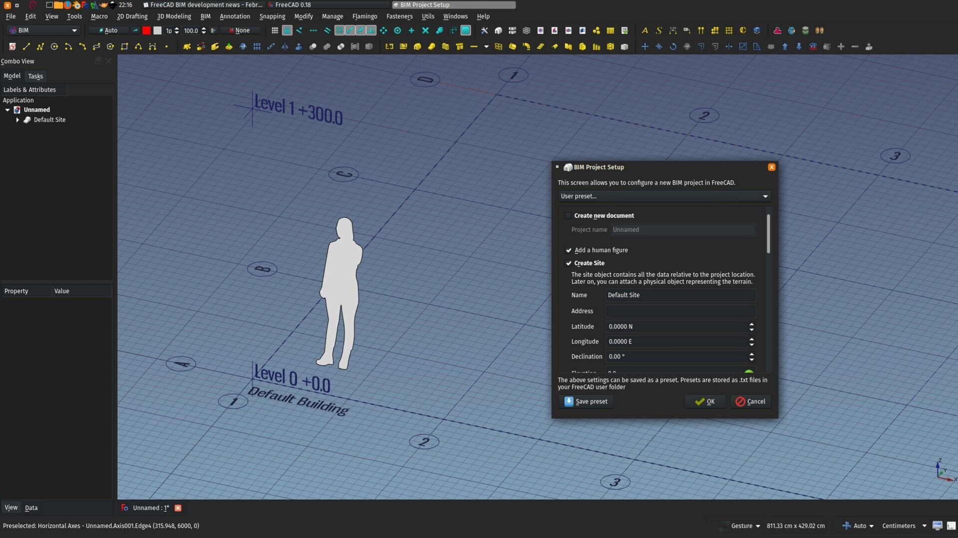 A FreeCAD setup with human figure