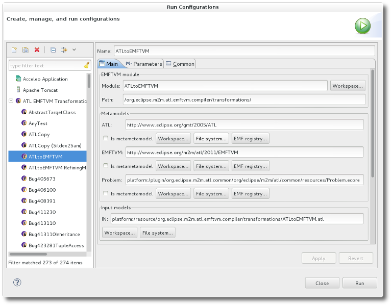 EMFTVM launch configuration dialog