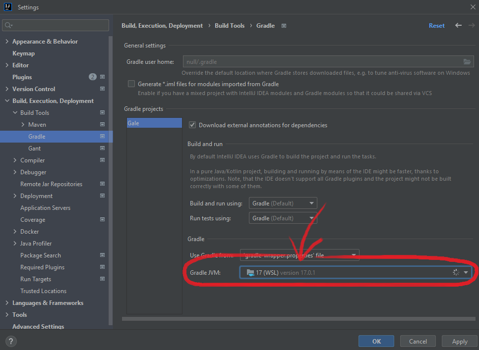 In the bottom of window, set the "Gradle JVM" to the correct Java installation