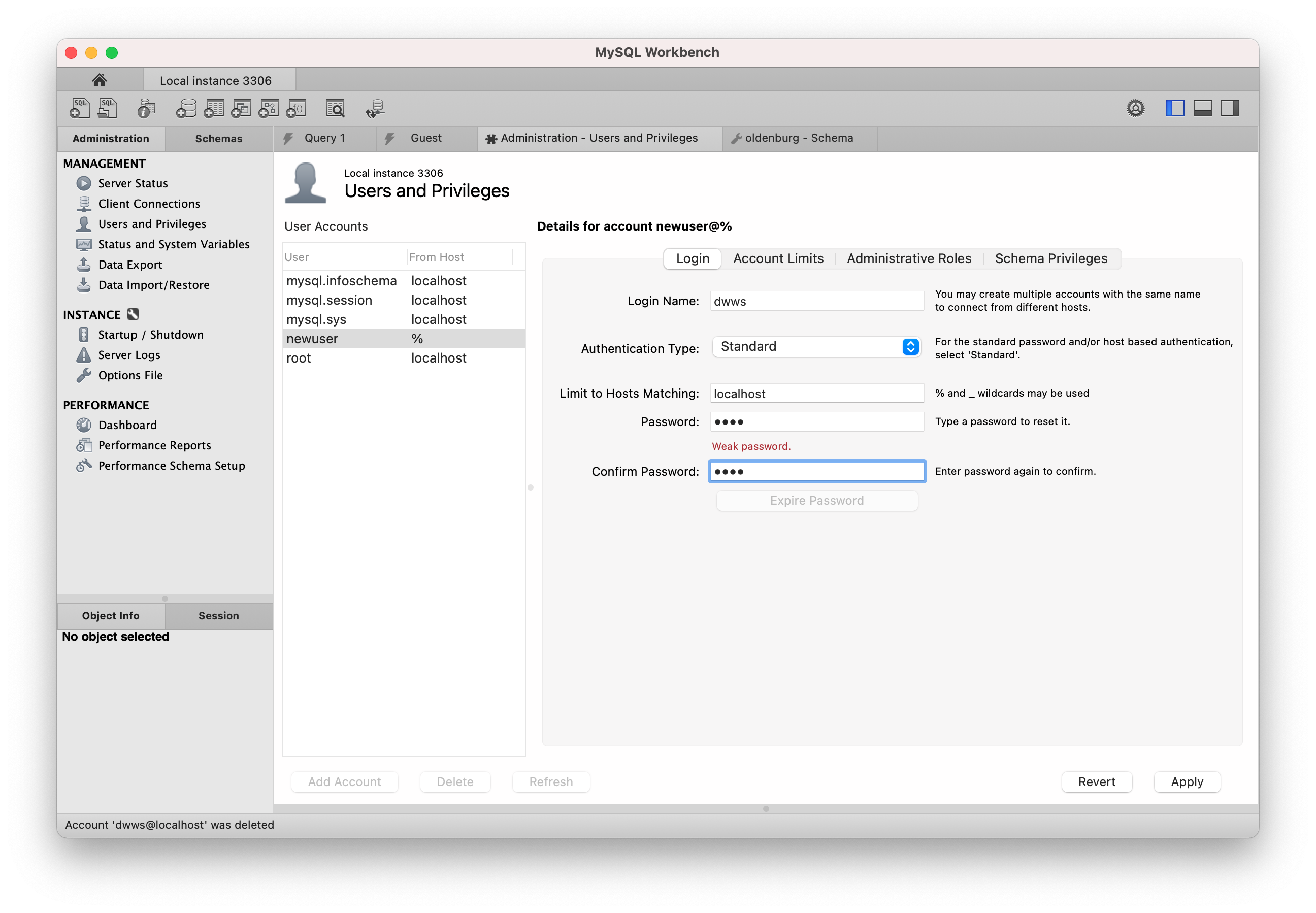 Creating the marvin user in MySQL Workbench.