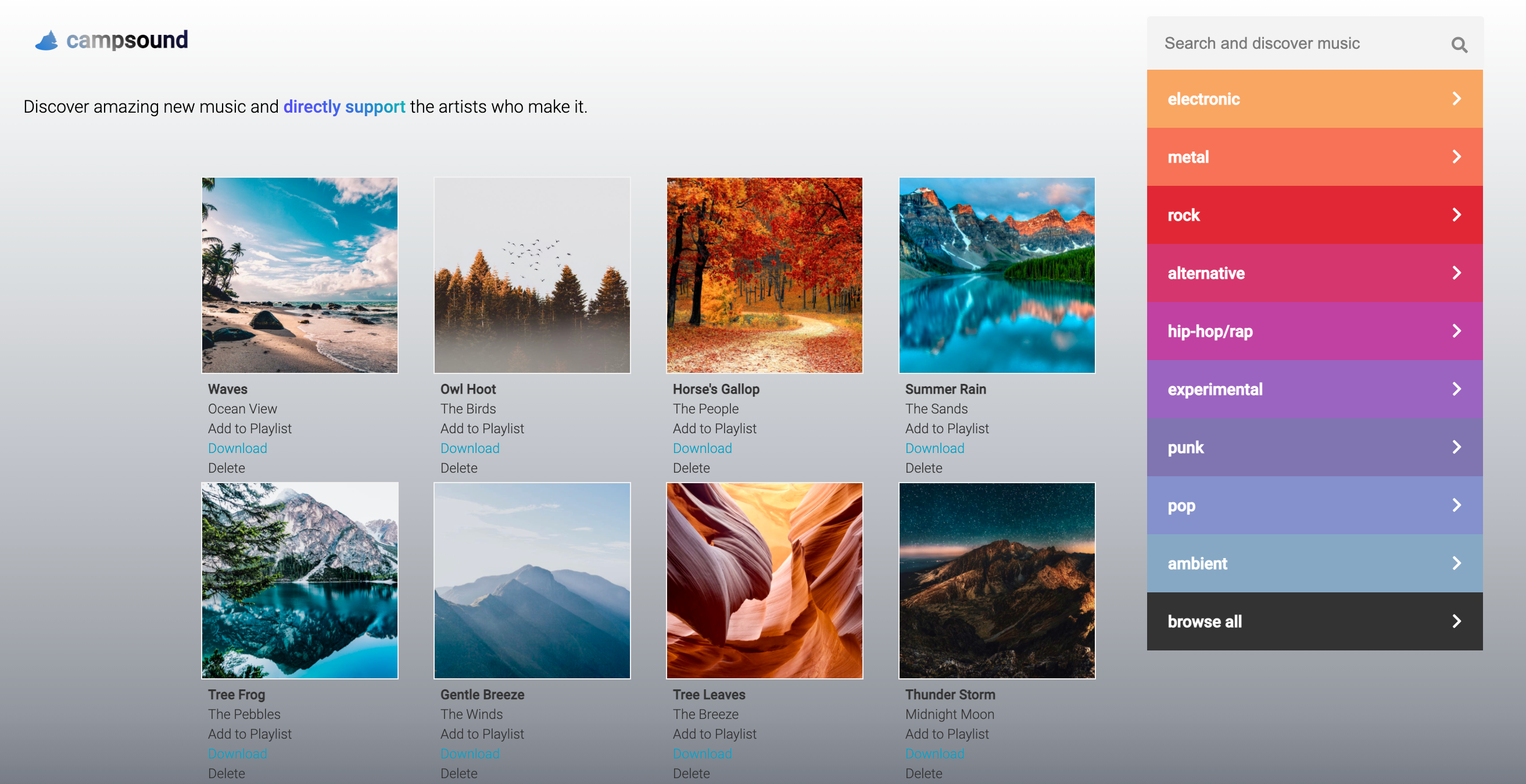 screenshot of artist page