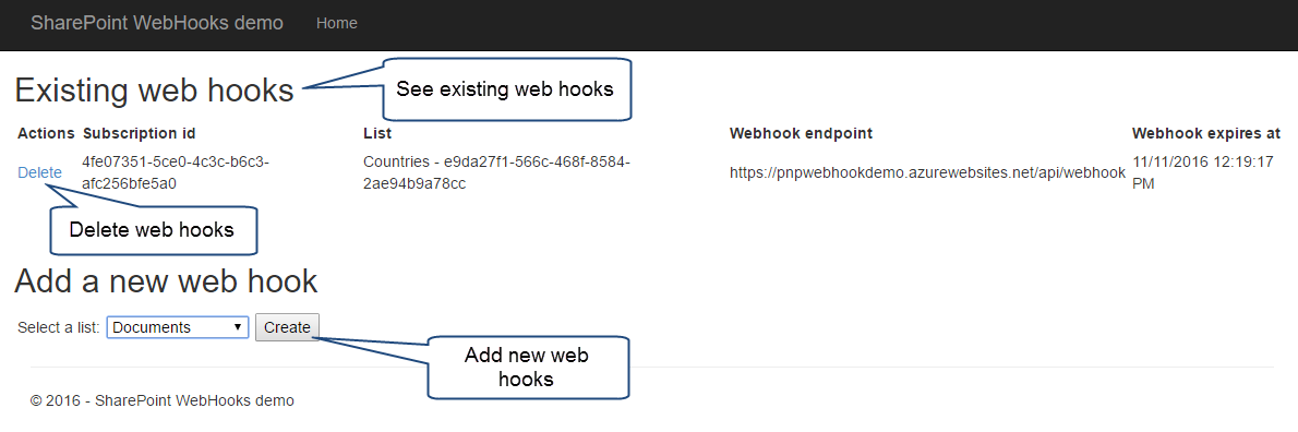 SharePoint Web Hook sample application