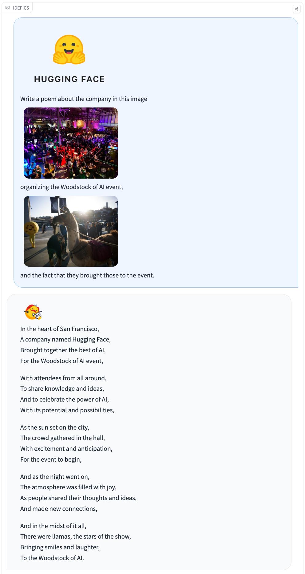 截图 - 让 IDEFICS 生成有关 HF Woodstock of AI 聚会的诗