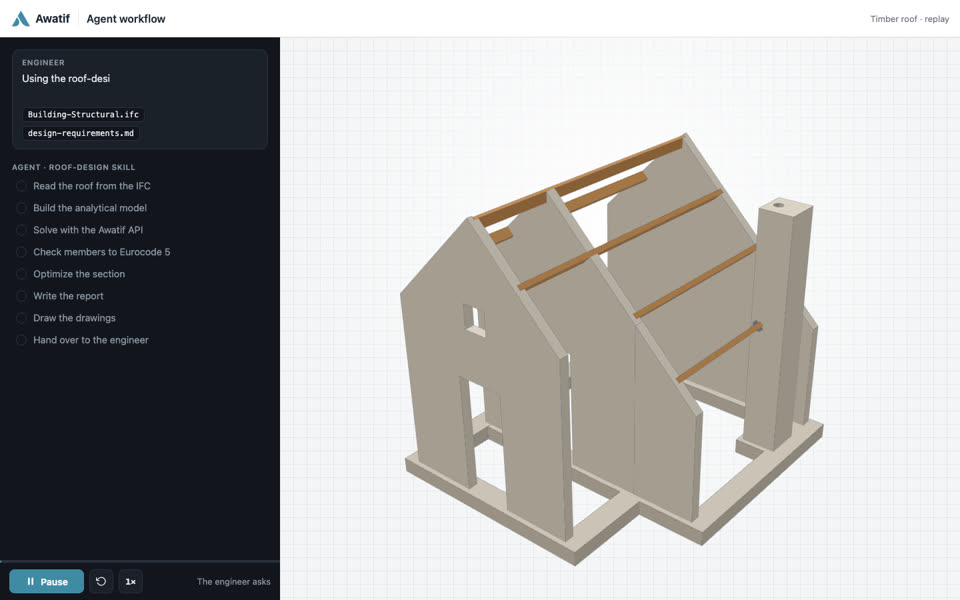 An AI agent's plan beside the timber roof it is designing