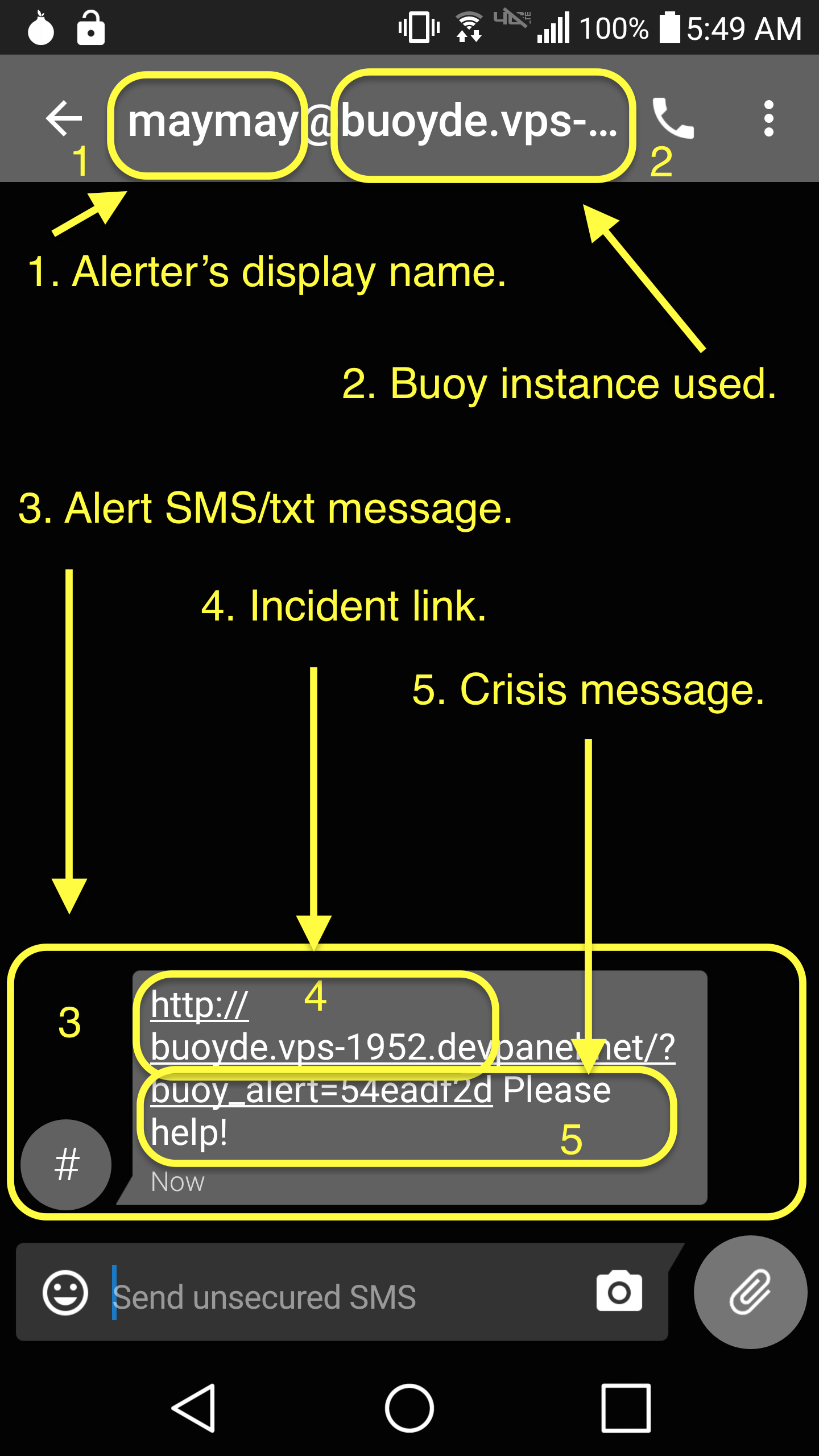 Annotated screenshot of a Buoy alert received by the Signal app on an Android smartphone.