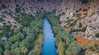 Preveli Gorge with river and palm tree forest, Crete, Greece (© borchee/Getty Images)