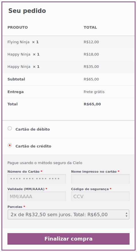 2. Checkout com o formulário utilizando ícones dos cartões.