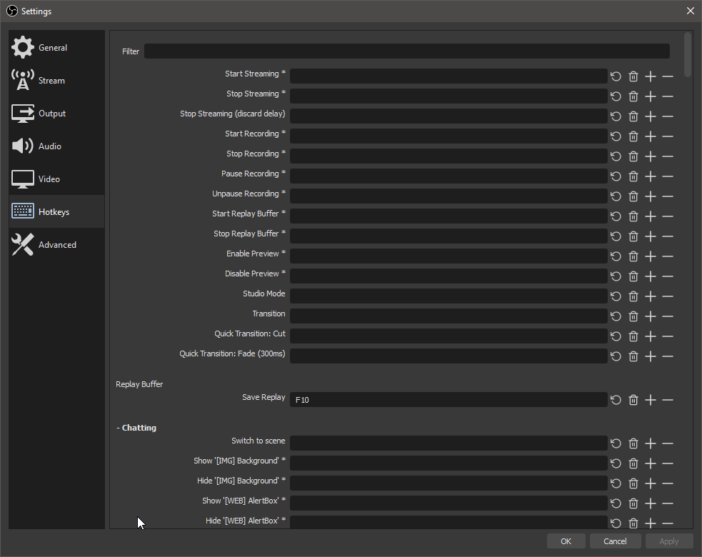 Hotkeys tab of OBS settings menu