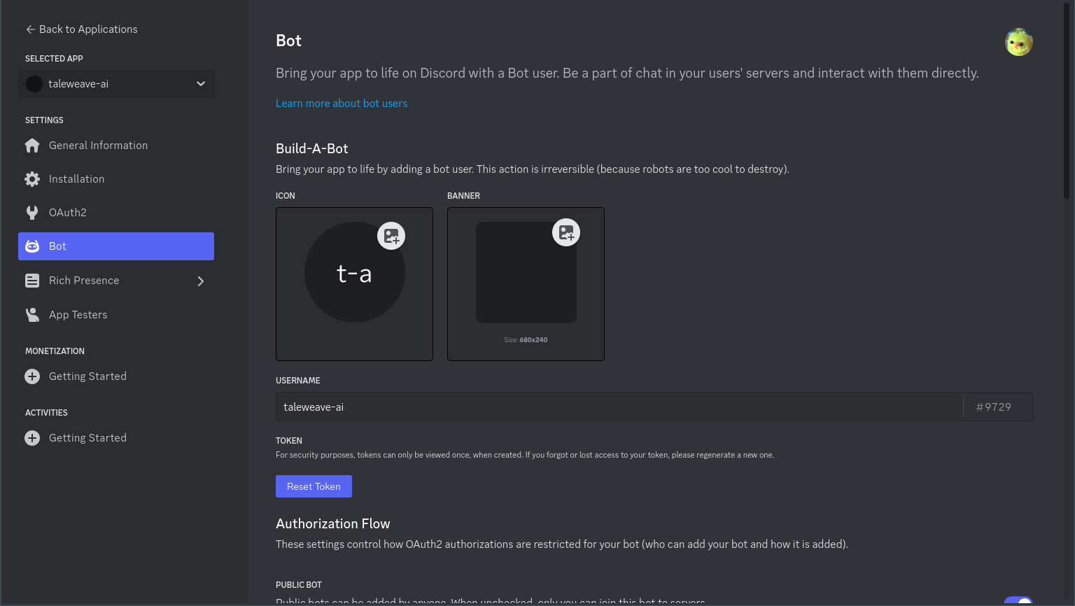 Discord application details showing Build-A-Bot section