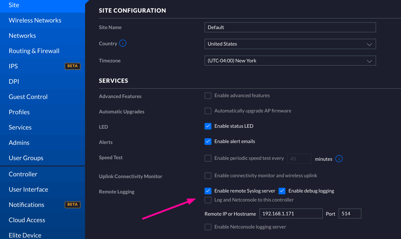 unifi syslog config