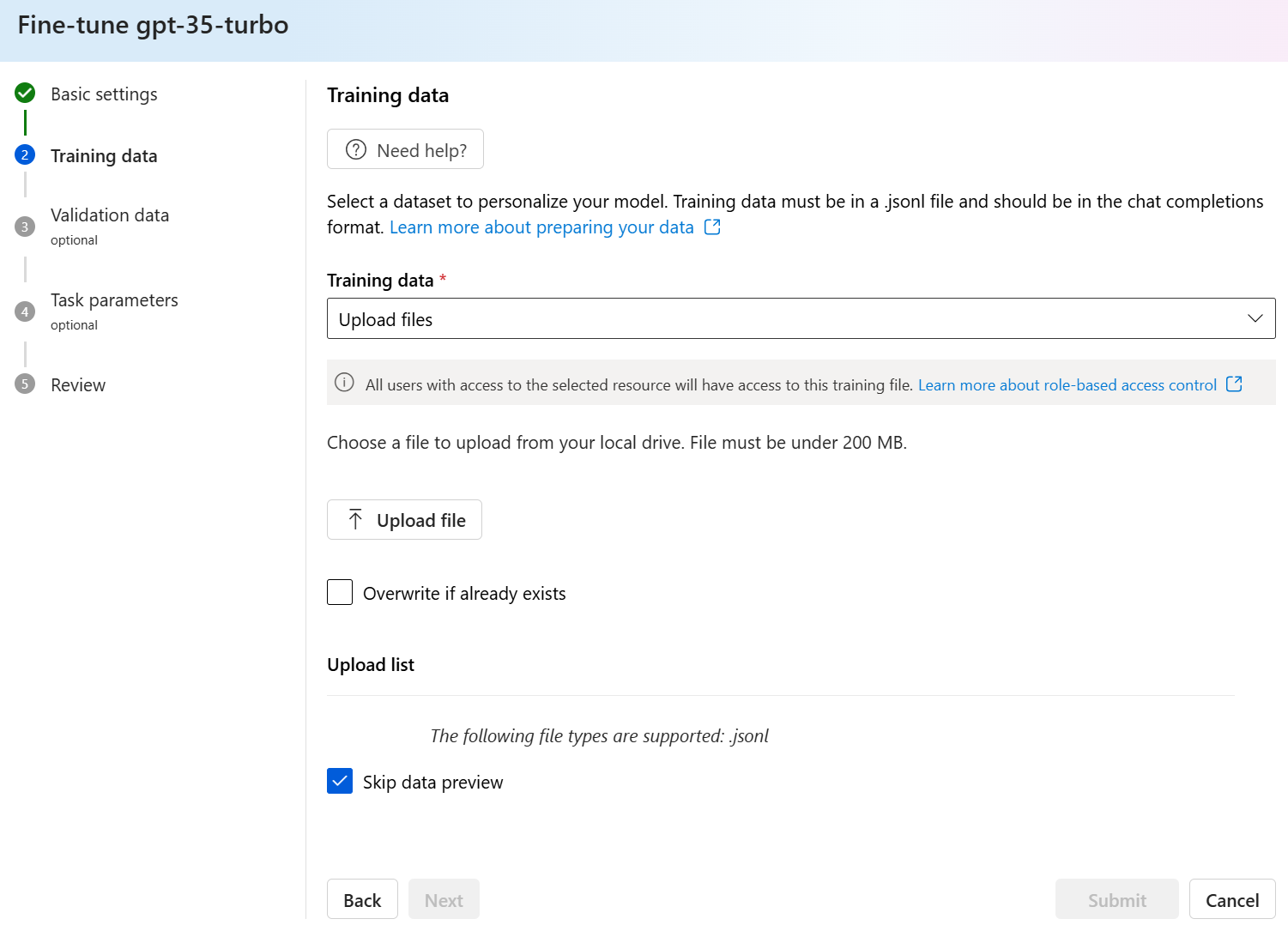 Screenshot of the Training data pane for the Create custom model wizard, with local file options.