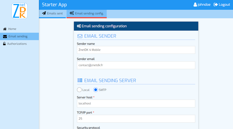 Screenshot of the Email sending configuration view provided by the ZnetDK 4 Mobile 'z4m_emailsending' module