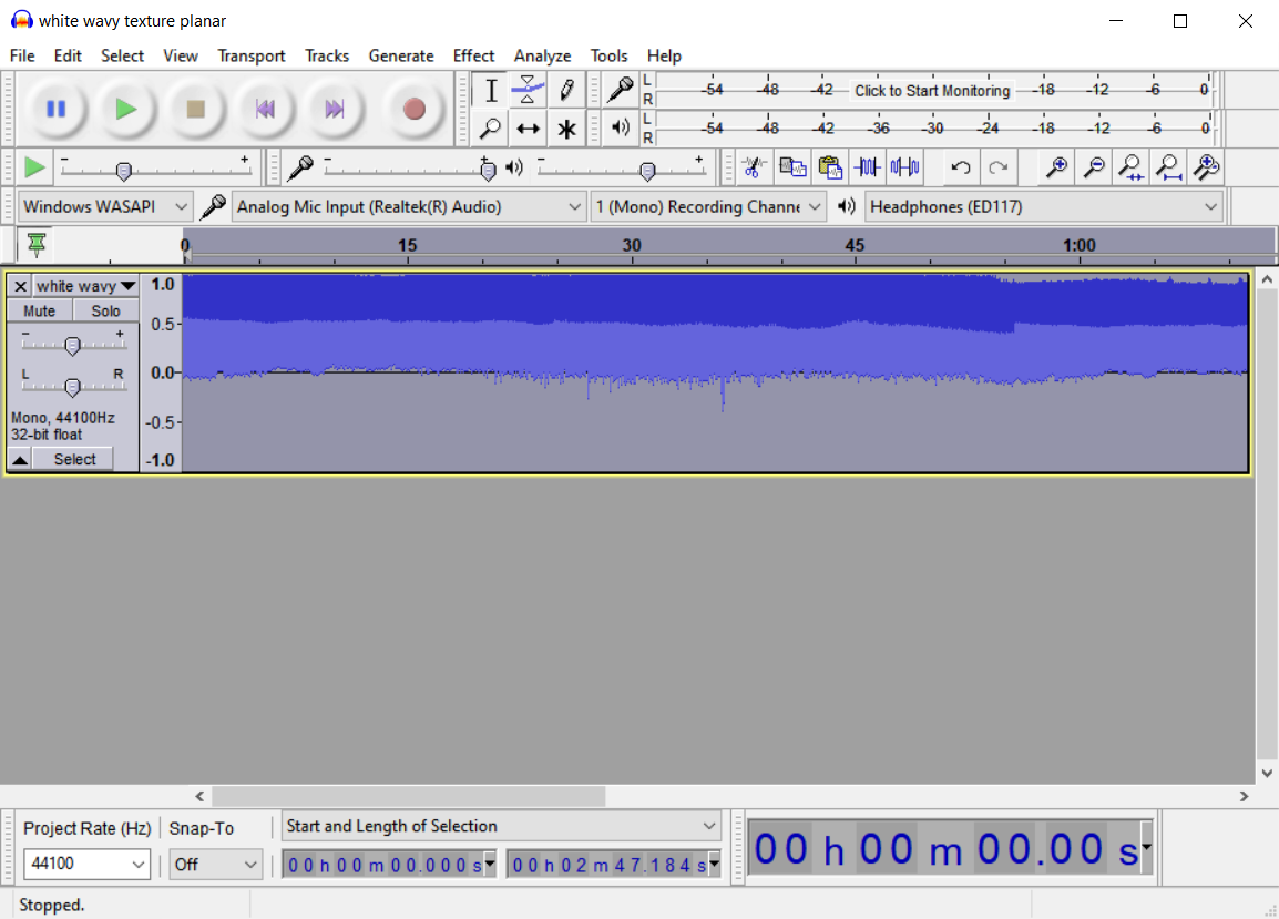 Audacity interface. A waveform is shown representing the recently-imported audio.