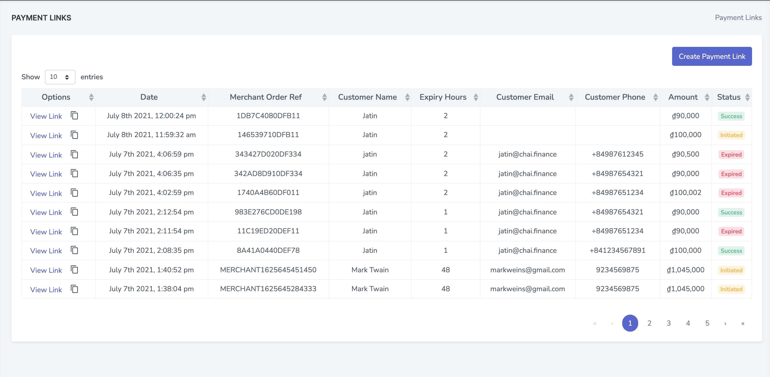 Payment Links Table